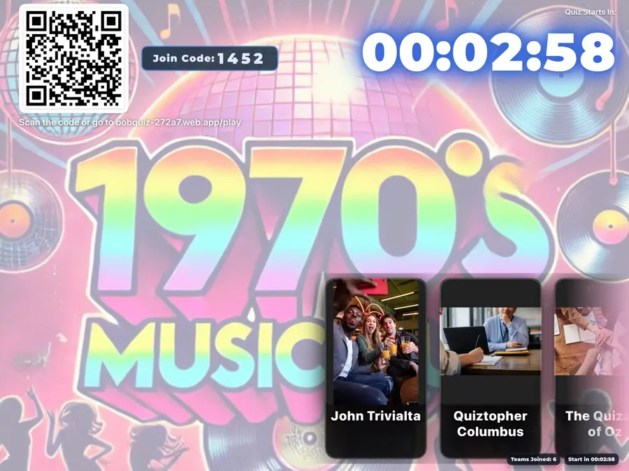 Lobby screen with a QR code, join code and countdown