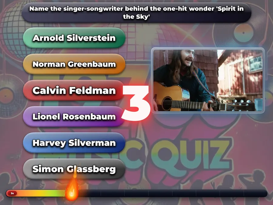 A multiple choice question on the venue screen with big coloured answers and a burning countdown